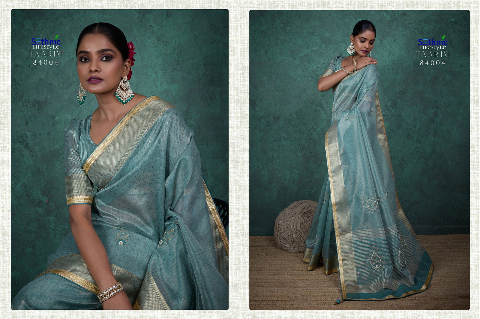 Tarini By Sethnic Self Work Linen Tissue Ocassion Saree Exporters In India
